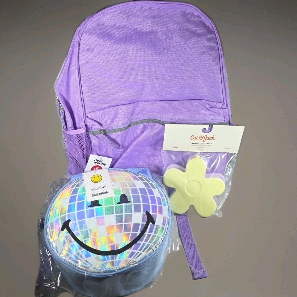 Back To School Set Purple Backpack Smiley Lunchbox And Ice packs New